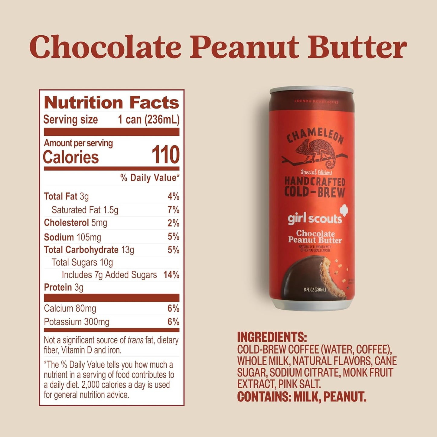 Chameleon Cold Brew Coffee Latte – Girl Scout Peanut Butter – 8 fl oz Cans (Pack of 12)