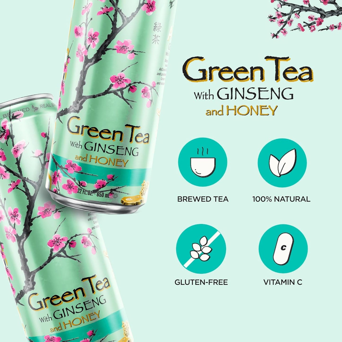 AriZona Green Tea with Ginseng and Honey | 22 fl oz Big Cans (Pack of 12) | Refreshing Ready-to-Drink Iced Tea