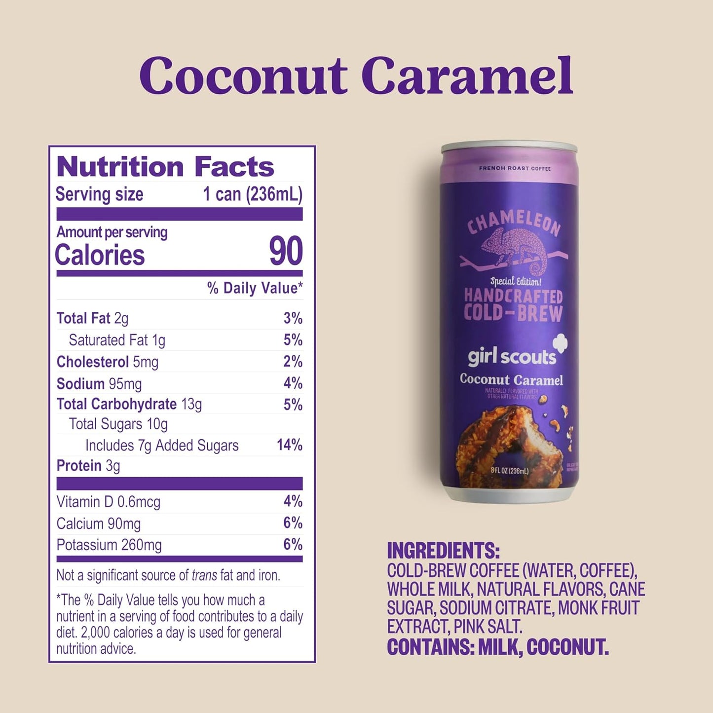 Chameleon Cold Brew Coffee Latte, Girl Scout Coconut Caramel, 8 oz Canned Coffee (12 pack)