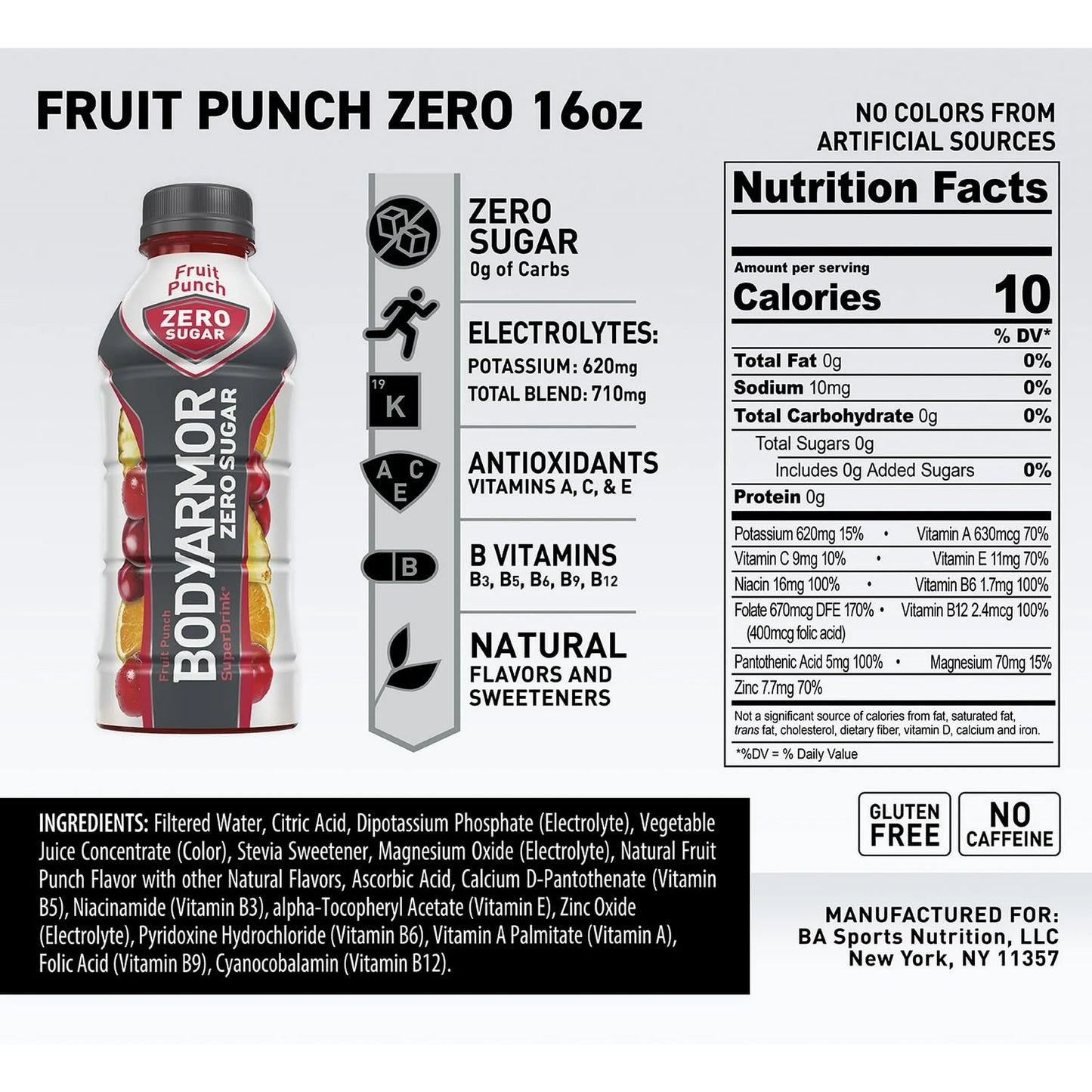BODYARMOR ZERO Sugar Fruit Punch | Sugar-Free Electrolyte Sports Drink | 16 fl oz Bottles (Pack of 12)